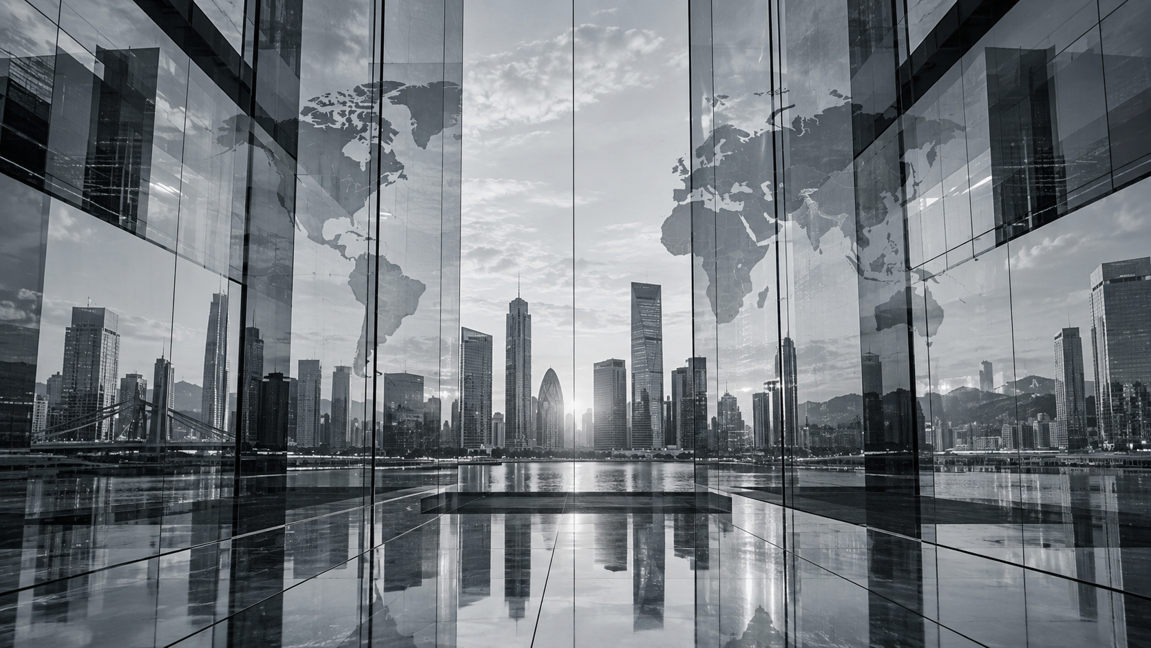 Global architecture and a world map representing connected international advice